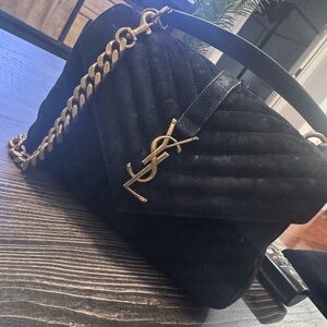 Authentic Yves Saint Laurent Black Velvet Nubuck Shoulder Bag with Gold Chain